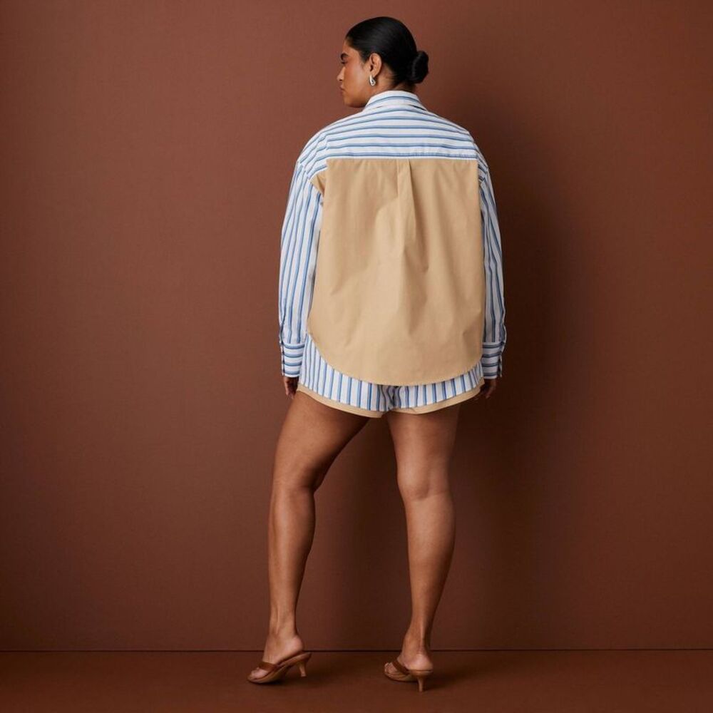 Women's Long Sleeve Oversized Poplin Button-Down Striped Shirt - Blue L - Picture 2 of 4